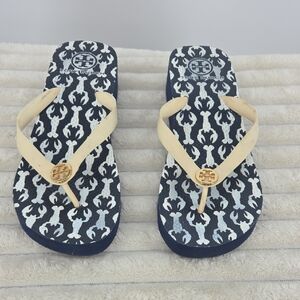 Tory Burch Blue and Cream Patterned Sandals